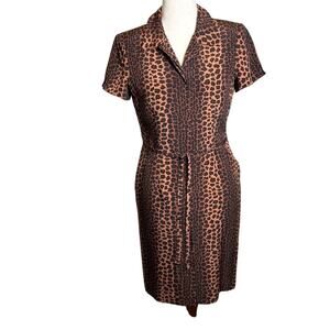 David Warren shirt dress 100% silk animal print short sleeve lined tie belt Sz 8